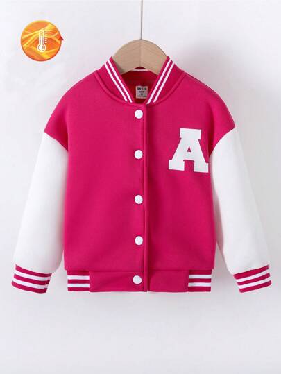 SHEIN Genkimix Kids Chaqueta de béisbol casual de niña con estampado de letra de color contrastante, para otoño/invierno