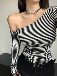 Dazy Star Women's Casual Striped Long Sleeve Slim Fit Asymmetrical Neck T-Shirt, Spring Autumn