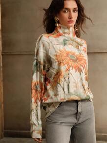 Anewsta Women's High Neck Flower Pattern Sweater, Knit Pullover Fall Winter - Beige - View 7