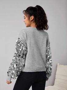 1 Áo len dệt kim đính sequin thời trang cho bé gái tuổi teen, thích hợp cho các bữa tiệc vào mùa thu/đông. Chất liệu vải màu xám bạc thời trang và đa năng, có thể kết hợp với váy để có vẻ ngoài hợp thời trang, hoàn hảo cho lễ Halloween, Giáng sinh và các bữa tiệc khác. - Bạc - Xem 2