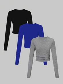 Chiquease 3pcs Solid Color Crew Neck Long Sleeve Fitted Top Set For Women Fall Cloth For Women - Multicolor - View 2