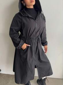 Sunspun Áo khoác dài tay cỡ lớn có mũ trùm đầu phía trước, dây rút ở eo - màu đen - Xem 4