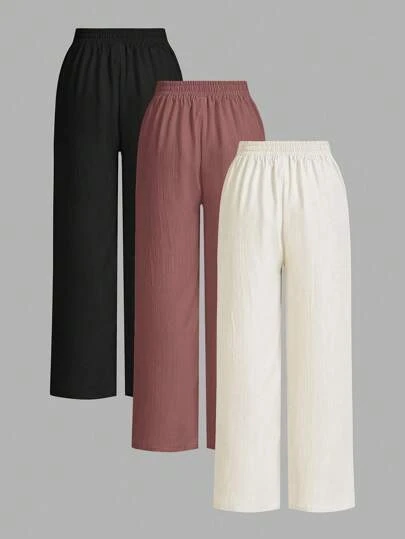 SHEIN Essnce 3packs Summer Pants Women's Solid Color Waist-Tie Wide Leg Loose Casual Pants