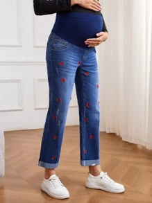 SHEIN Umstandsmode Jeans mit Kontrast-Farbpatchwork, Erdbeerstickerei und Rissen - Mittele Waschung - Übersicht 7