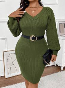 Celure Plus Size Women V-Neck Lantern Sleeve Solid Color Elegant Sweater Dress, Fall-Winter