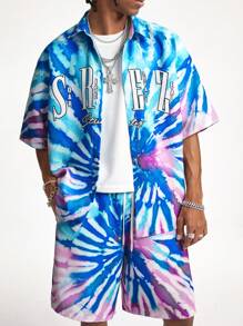 Manfinity NXTstreet Men's Woven Short Sleeve Colorful Letter Print Tie-Dye Style Shirt And Shorts Set - Purple - View 3