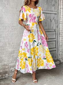 Breezaya Women's French Style Floral Print Ruffle Sleeve Round Neck Dress Maxi Vacation Beach Outfit - Multicolor - View 4