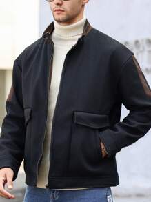 Manfinity Homme Men Solid Color Splicing Front Zipper Long Sleeve Casual Sweater - Black - View 6
