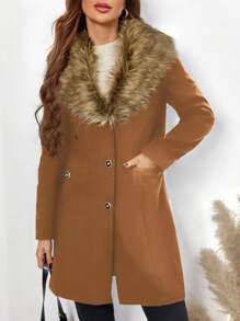SHEIN Clasi Women's Solid Color Fluffy Patchwork Front Button Pocket Long Sleeve Overcoat - Rust Brown - View 3