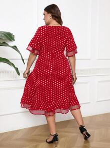 SHEIN Clasi Plus Size Women's Summer Polka Dot Print Mesh Splice Crew Neck Half Sleeve Elegant Dress - Red - View 2