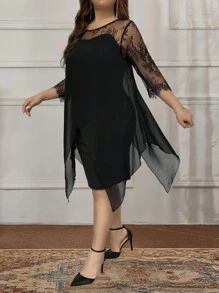 SHEIN Clasi 春秋季大码优雅纯色蕾丝拼布连衣裙 - 黑色 - 查看 4