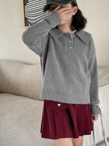Dazy Kids 2pcs Tween Girl Grey Collar Top And Red Button Skirt Casual Outfit - Grey - View 5
