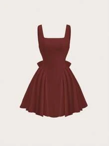 Sweetra Vestido de verano para mujer de unicolor con cuello cuadrado, espalda descubierta y lazo, color burdeos