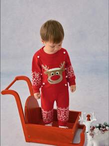 SHEIN Baby Boys Knit Sweater & Pants 2-Piece Set, Red Cozy & Warm Outfit For Autumn Winter, Christmas Deer Snow Heart Decor, Suitable For Holiday, Daily Wear, And Outings