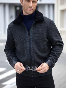 Manfinity Homme 男士休闲毛领针织夹克，秋冬 - 黑色 - 查看 4