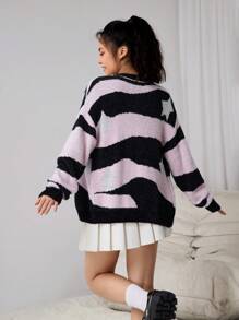 适合少女的 V 领星星印花开衫，春夏秋季开学休闲百搭服装，适合居家、外出、聚会、上学和休闲