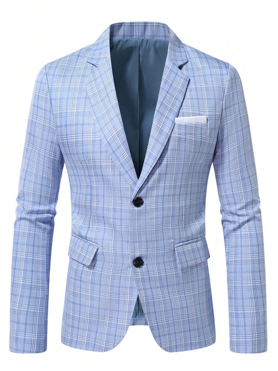 Manfinity Mode Heren Modieus Veelzijdig Geruit Pak Jasje, Herfst Herenkleding, Heren Casual Turndown Kraag Blazer Jasje - Baby blauw - Bekijken 1