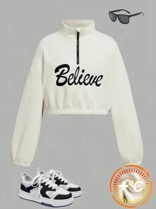 Tween Girls' High Collar Cinched Waist Letter Embroidered Plush Fleece Casual Loose Sweatshirt - White - View 1