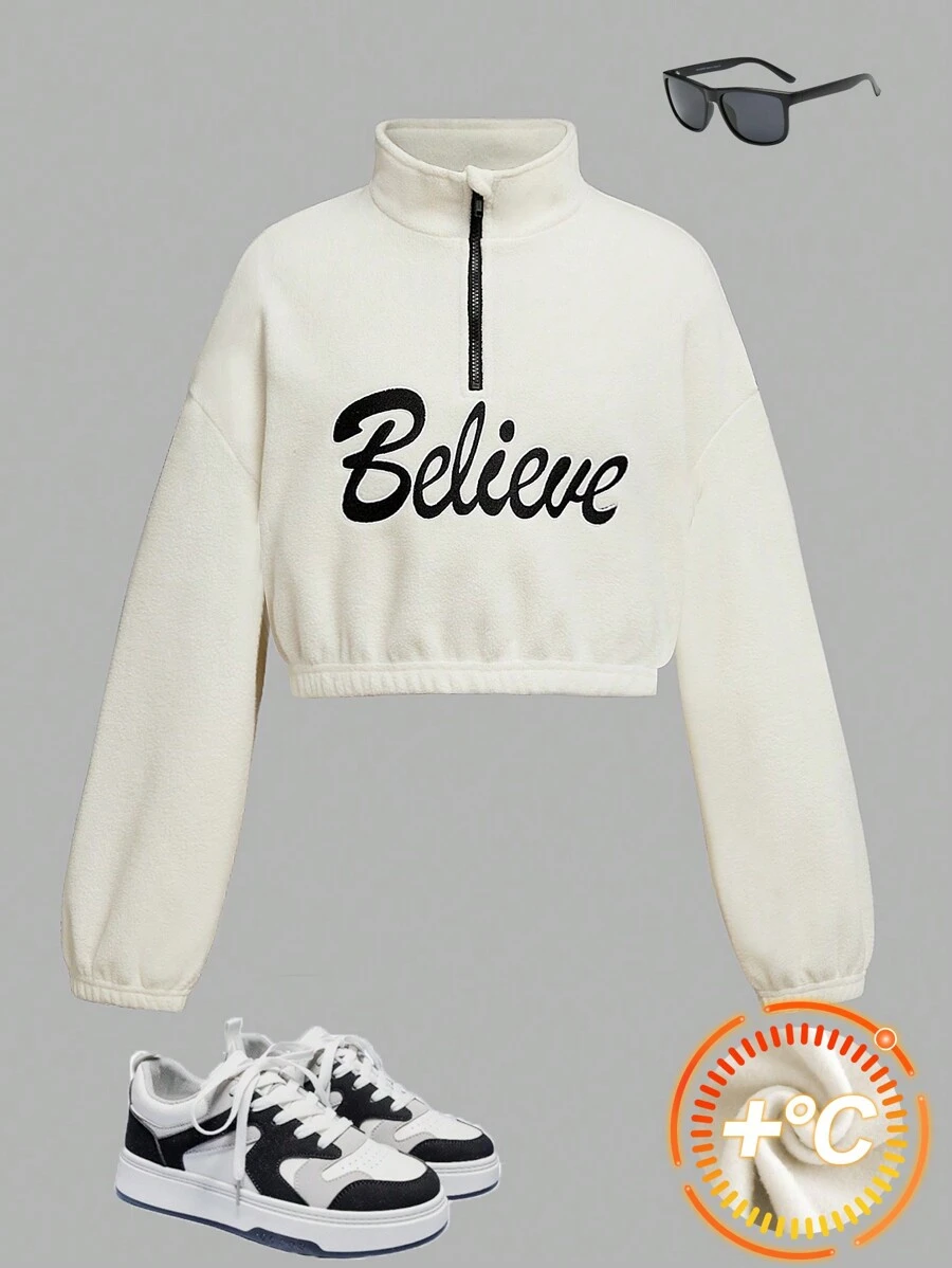 Tween Girls' High Collar Cinched Waist Letter Embroidered Plush Fleece Casual Loose Sweatshirt - White - View 1