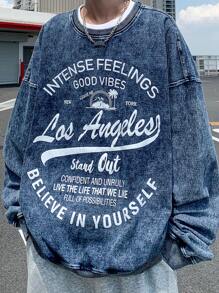 Manfinity Hypemode Áo nỉ hở vai in chữ denim xanh nhạt cho nam cỡ lớn - Rửa nhẹ - Xem 3