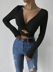 Firerie 纯色V领扭纹镂空性感长袖T恤 - 黑色 - 查看 6