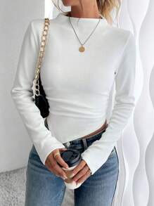 Chiquease 高领 保暖 内衬 褶皱 贴身 不对称 下摆 百搭 T 恤 - 白色 - 查看 5