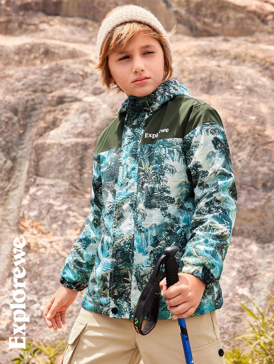 SHEIN Tween Boy 户外探险字母和风景印花保暖内衬连帽夹克,适合日常徒步旅行 - 彩色 - 查看 1