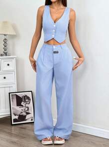 SHEIN EZwear Ladies' Linen Simple Stripe Print Tube Top And Long Pants Two Pieces Set In Fall/Winter - Blue and White - View 5