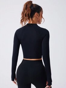 SHEIN Sports Áo khoác thể thao nữ bó sát màu đen có khóa kéo, không đường may - màu đen - Xem 3