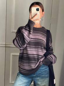 DAZY Suéter casual, suelto, de cuello redondo, de manga larga y con bloques de color a rayas para mujer, Tops de manga larga