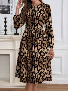 SHEIN Clasi 优雅豹纹修身休闲女式长袖连衣裙，秋冬 - 卡其色 - 查看 4