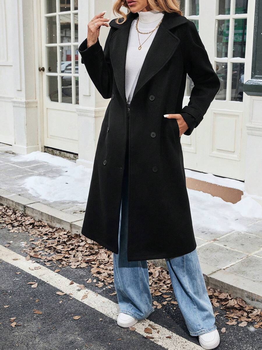 Chiquease Áo khoác len dài màu đen cổ khoét cho nữ - màu đen - Xem 1