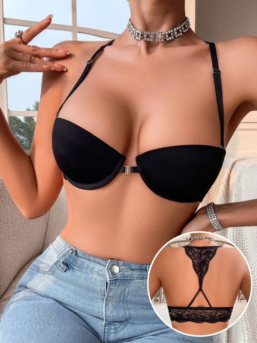 女士前蕾丝闭合文胸加垫聚拢钢圈胸罩 - 黑色 - 查看 1