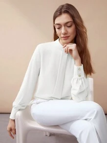 MOTF PREMIUM SOLID MOCK NECK LANTERN SLEEVE BLOUSE - White - View 1