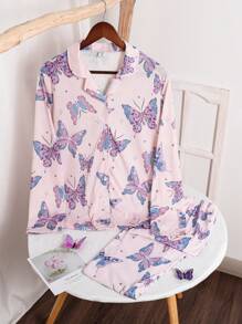 2 件套女童青少年简约彩色蝴蝶印花长裤和开衫休闲家居服套装