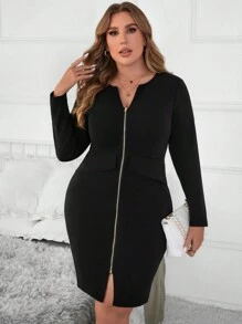 SHEIN Clasi Vestido de manga larga con cierre de cremallera de metal negro ajustado, atuendo de otoño para maestros de talla grande - Negro - Ver 1