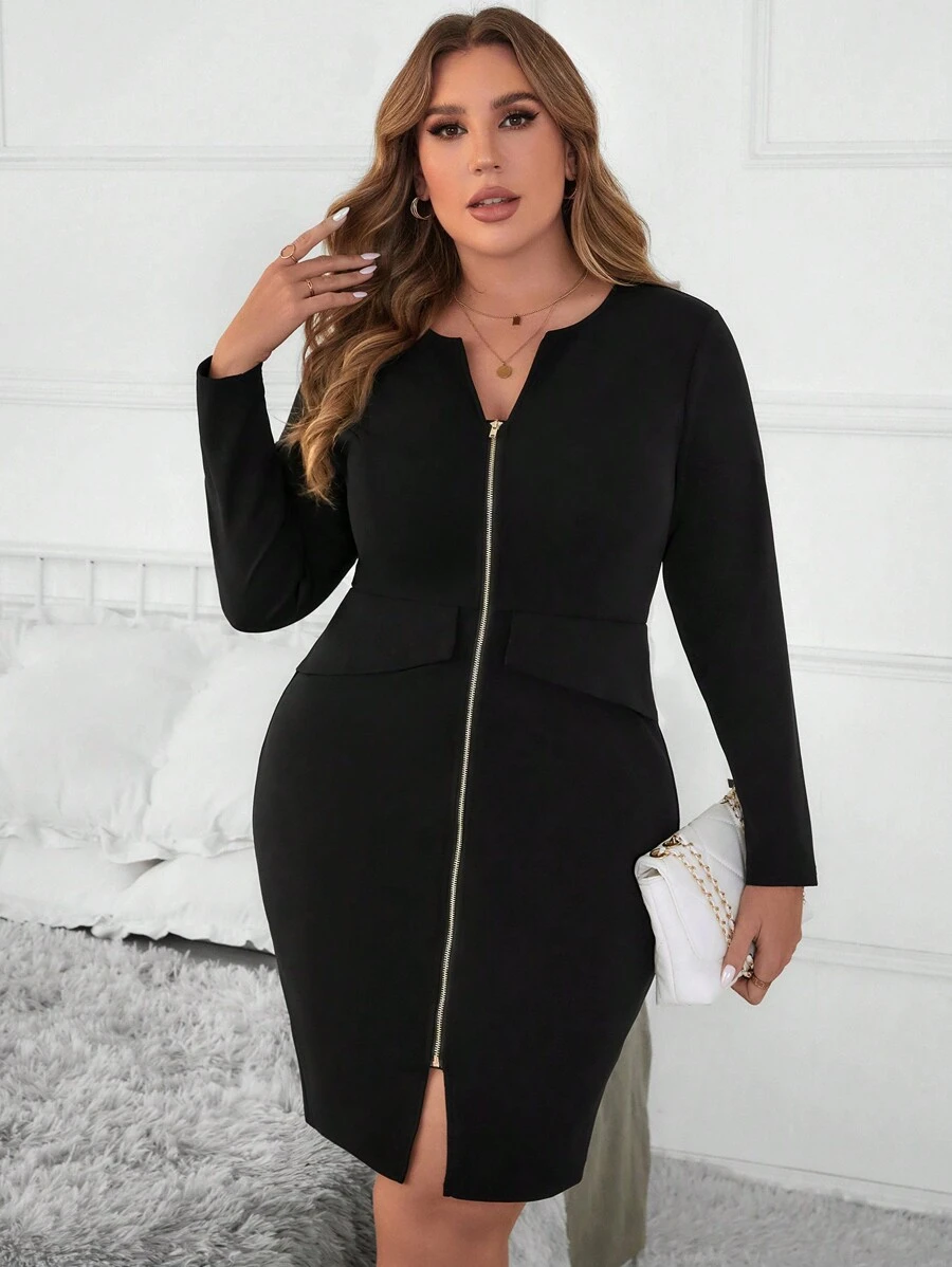 SHEIN Clasi Vestido de manga larga con cierre de cremallera de metal negro ajustado, atuendo de otoño para maestros de talla grande - Negro - Ver 1