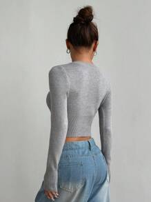 Flirla Áo len cardigan dáng ôm ngắn thời trang giản dị, mùa xuân/thu - Xám - Xem 2