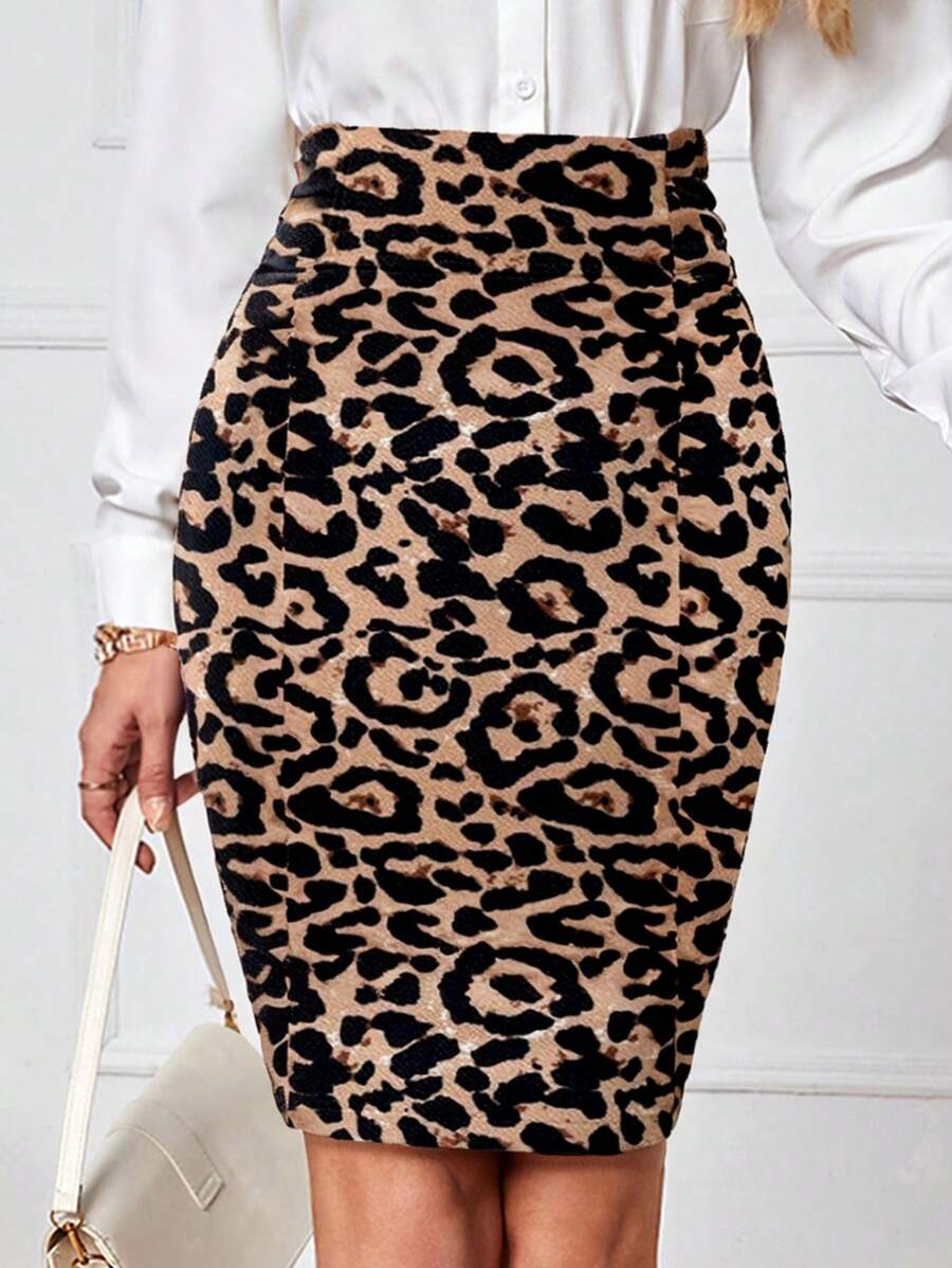 SHEIN Clasi 女款秋季百搭百褶拉链豹纹 A 字裙 - 彩色 - 查看 1