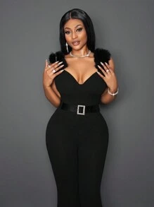 Slaydiva 2024 New Arrivals Elegant Sleeveless Jumpsuit For Valentine's Day, New Year Party, Wedding, High-End Design With Asymmetric Neckline, Fabric Patchwork Details & Belt, Suitable For Autumn