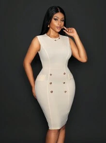 Slaydiva 2pcs Women's Elegant Commute Cape And Crew Neck Sleeveless Fitted Dress Set