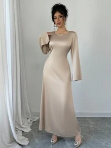 Rafferiza 性感腰部收紧圆领长袖修身连衣裙长款缎面女式服装 - 杏色 - 查看 3