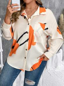 SHEIN VCAY Plus Size Floral Print Button Front Pockets Casual Long Sleeve Shirt
