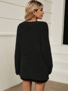 SHEIN Clasi Women's Casual Solid Color Fuzzy Cardigan, Fall/Winter - Black - View 2