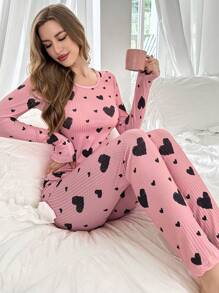 Conjunto de pijama de manga larga con estampado de corazón acanalado, ropa de otoño e invierno - Rosa - Ver 1