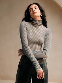 Anewsta 秋冬时尚渐变双罗纹高领修身T恤 - 藍色 - 查看 4