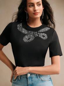 Anewsta 女士圆领短袖水钻装饰简约 T 恤，休闲日常穿着