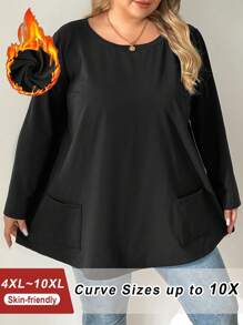 SHEIN CURVE+ 大码高领天鹅绒衬里保暖黑色 T 恤（带口袋），适合秋冬季