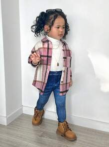 SHEIN Leap Crew 3pcs Baby Girl Adorable Plaid Shirt, Knit Sweater And Pants Set, Autumn/Winter - Pink - View 6