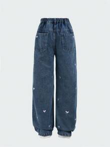 SHEIN Quần Jeans Thường Ngày Phong Cách Y2K Rộng Rãi Màu Xanh Dương Có Thêu Hình Trái Tim Cho Bé Gái Tuổi Teen, Thích Hợp Mặc Hàng Ngày - Rửa tối - Xem 2